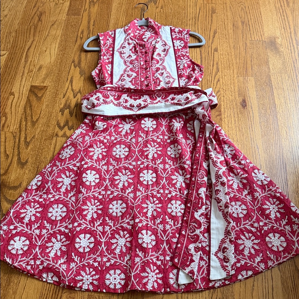 SUE SARTOR Sleeveless Flounce Mini Dress Belt Sash Red White Floral Tuckernuck